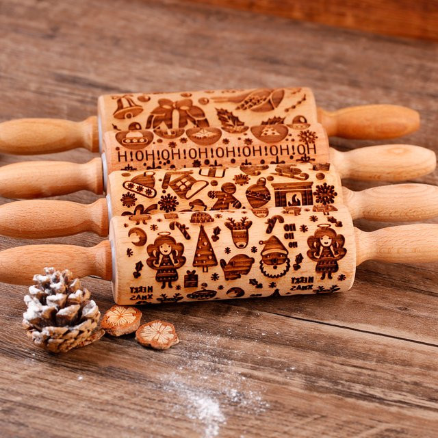 Arjmide Holz Nudelholz mit geprägtem Elch und Blumenmuster, Braun, Länge: 25,4 cm - Bild 1