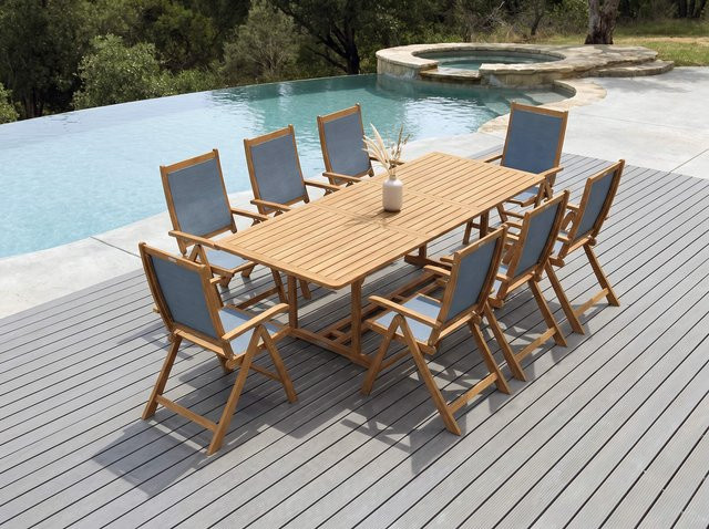 OUTFLEXX Garten-Essgruppe aus Akazie und Textilene in Natur/Grau mit Ausziehtisch und 8 Klappstühlen, FSC-zertifiziert - Bild 1