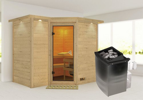 Karibu Sauna Riga 2 aus Fichtenholz in Beige inklusive 9 kW Saunaofen mit integrierter Steuerung für 4 Personen, B/T/H: 264 x 198 x 212 cm - Bild 1