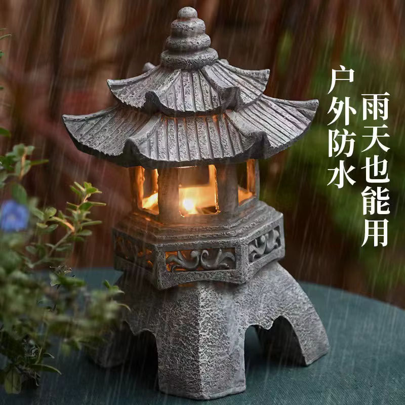 Solarbetriebene Zen Garten Statue als chinesische Pagoden Laterne aus Steinoptik für deinen Hof - Bild 5