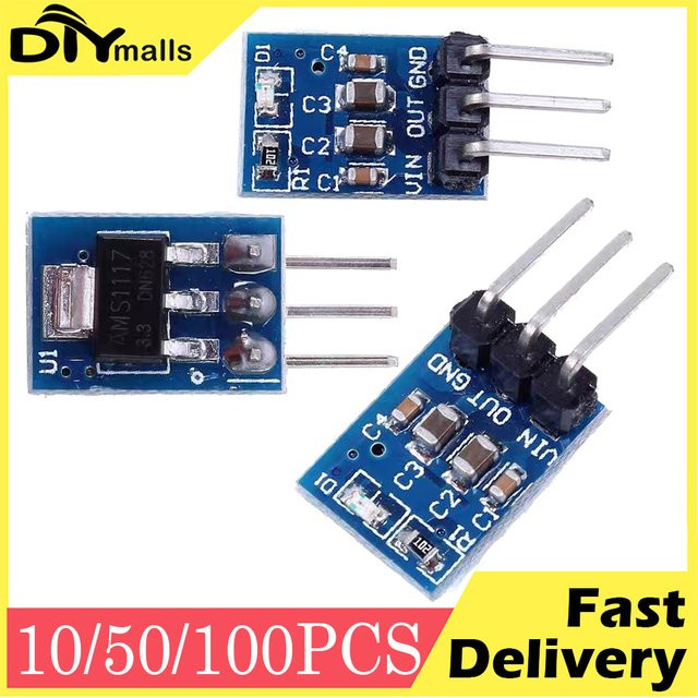 DIYmalls AMS1117-3.3 Spannungsregler Step Down Buck Modul Blau, 4,2 V-10 V auf 3,3 V, 800 mA LDO - Bild 1