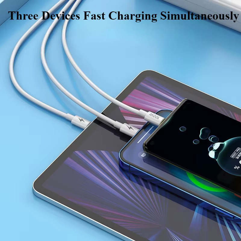 OIITH 3-in-1 USB-Ladekabel mit 100W und 6A Schnellladefunktion für Typ-C und Micro USB in Weiß - Bild 2