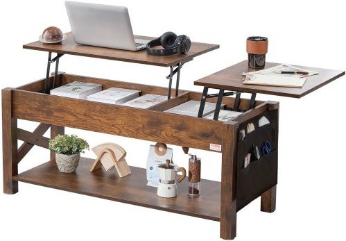 VEVOR Couchtisch mit Lift-Top und Aufbewahrungstaschen, rechteckiger Wohnzimmertisch in Braun, B/T/H: 120 x 50 x 50 cm - Bild 1