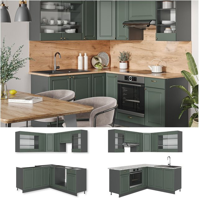 Vicco Eckküche Fame-Line Landhausstil in Anthrazit Grün Gold mit verschiedenen Unterschränken und Hängeschränken Breite: 190 cm - Bild 1