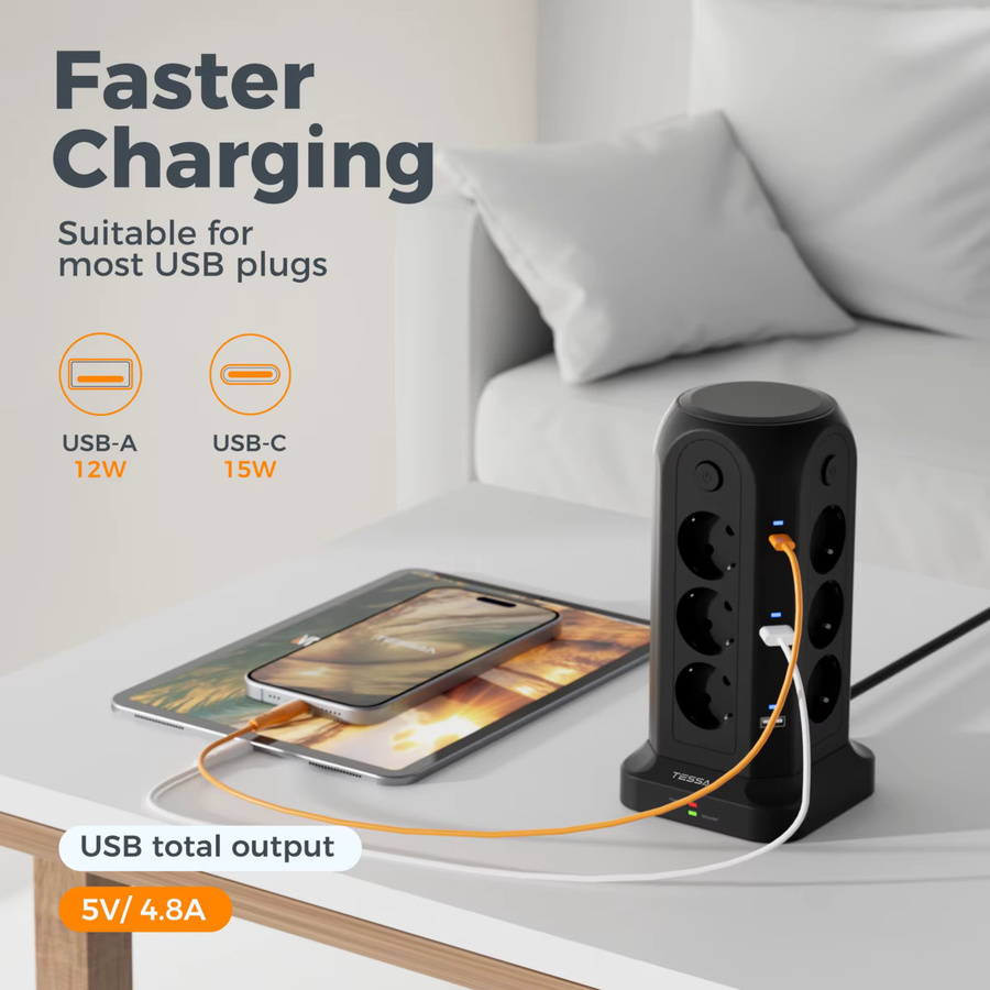 TESSAN Multi-Tower-Steckdosenleiste Schwarz mit 12 Steckdosen, 4 USB-A, 2 Typ-C und Überspannungsschutz - Bild 2