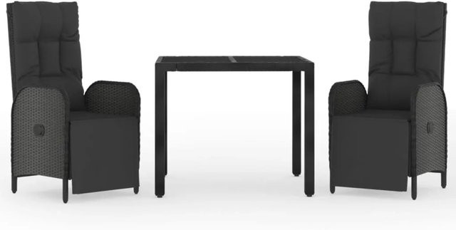 vidaXL 3-tlg Garten-Essgruppe aus Poly-Rattan in Schwarz mit Hartglas-Tischplatte und Kissen - Bild 1