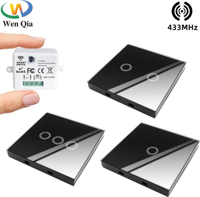 WenQia Intelligenter Touch-Wandschalter mit Fernbedienung, 433 MHz RF Wireless Lichtschalter aus schwarzem Glas für LED-Lampen, 220 V - Bild 1