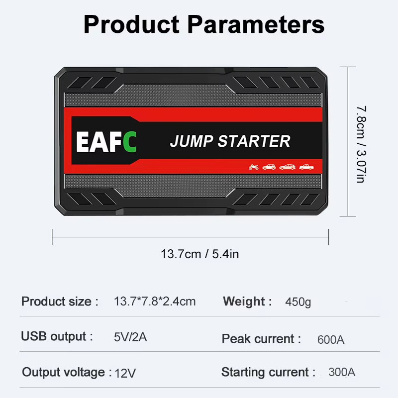 EAFC Auto Starthilfe Power Bank mit 600A 12V Batterie Booster und LED-Licht in Rot und Schwarz - Bild 5