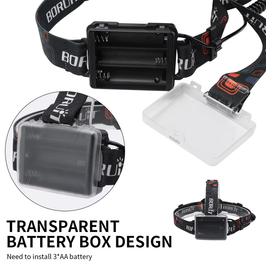 BORUiT LED-Stirnlampe 1000LM, wiederaufladbar über USB, superhell, zoombar, wasserdicht, Schwarz - Bild 6