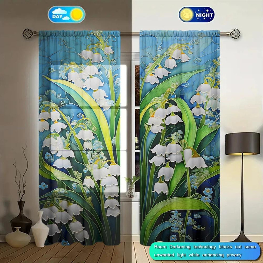 2er-Set Maiglöckchen Druckvorhang von Household supplies MH, halbtransparentes Blumenmuster in Mehrfarbig, B: 52,5 cm, H: 116 cm - Bild 2