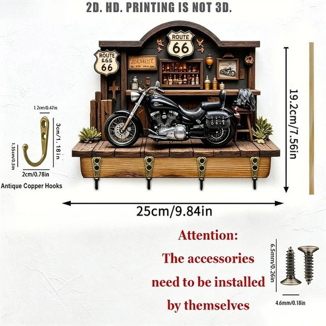 SheyIn Motorrad Wandmontiertes Schlüsselbrett aus Holz mit 4 Metallhaken in Braun zur Dekoration für Garage und Man Cave - Bild 1
