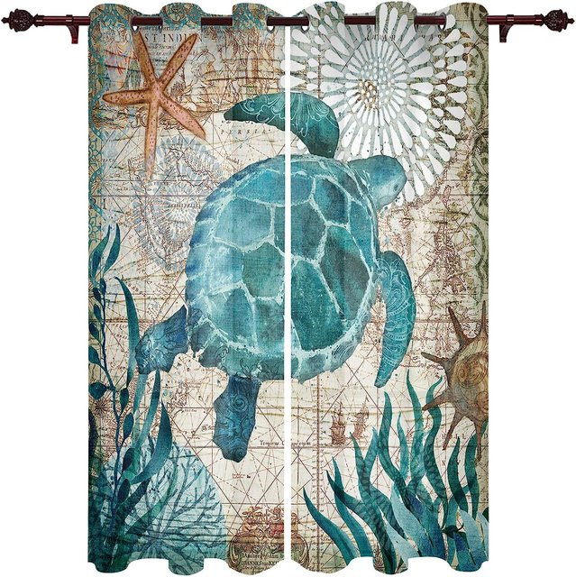 A Family Of Home Textiles Fenstervorhänge für Kinder mit Delfinen und Schildkröten, blau, semi-transparent, 2er-Set, B/H: 50 x 130 cm - Bild 1
