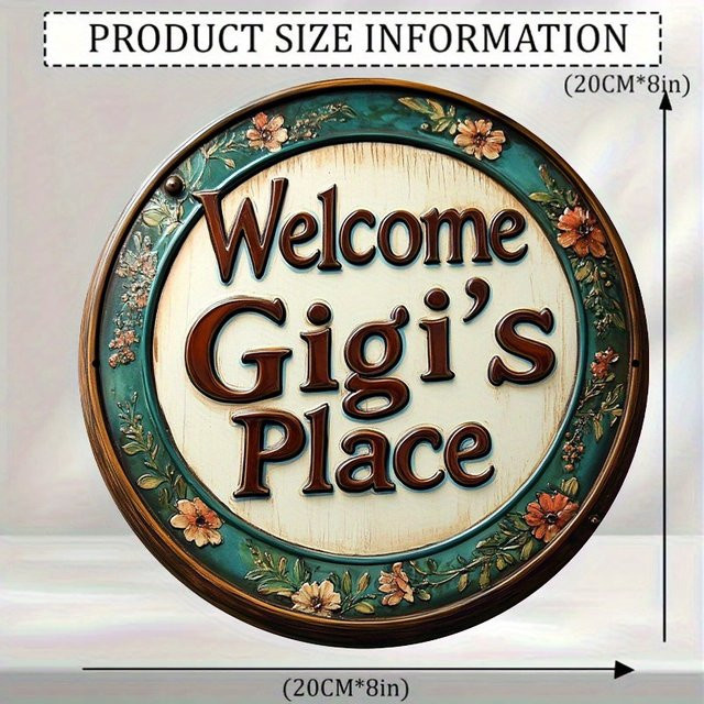 Rundes Aluminiumschild Potdemiel Welcome to Gigi's Place mit floralem Blumenmuster in Cyan und Braun, Wandkunst aus Metall, Durchmesser: 20 cm - Bild 1