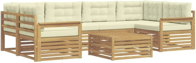 vidaXL Outdoor-Sofagarnitur in L-Form aus Akazienholz mit 7 Kissen in Weiß und Beige - Bild 1