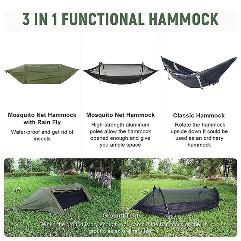 Traveler 3-in-1 Tunnel-Moskitonetz-Hängematte mit wasserdichtem Regenschutz als Baumzelt für Solo-Camping in Grün - Bild 3