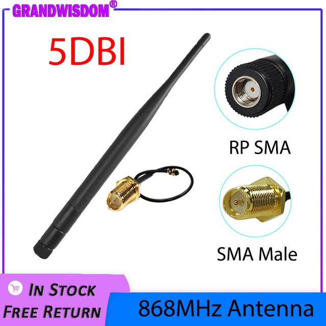 GRANDWISDOM GWS Gummiantenne 868/915MHz mit 5dBi Verstärkung, RP-SMA und 20cm Verlängerungskabel SMA-Stecker, Schwarz, für GSM Meshtastic und LoRaWAN - Bild 1