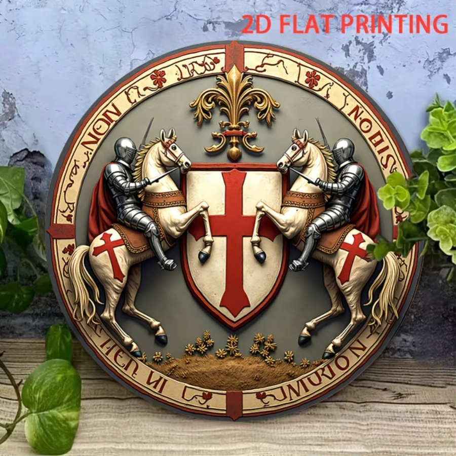 HELLOYOUNG Vintage Ritter-Templer Metallschild mit mittelalterlichem Reiter und lateinamerikanischem Motto, runde Wanddekoration in Multicolour, Durchmesser: 20,3 cm - Bild 2