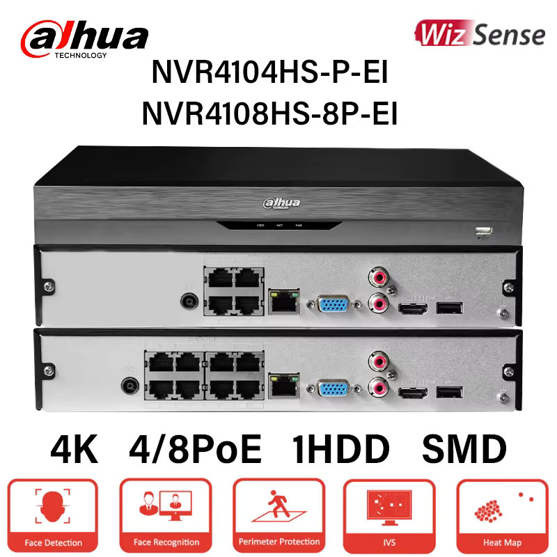 Dahua WizSense 4 8 PoE NVR Videorecorder mit Smart AI Gesichtserkennung und Perimeterschutz, H.265, 4K, Schwarz - Bild 1