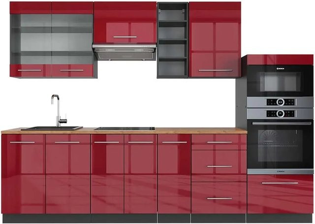 Vicco Fame-Line Küchenzeile Bordeaux Hochglanz und Anthrazit mit Eiche Optik, Breite: 280 cm, Höhe: 82 cm, Tiefe: 60 cm - Bild 1