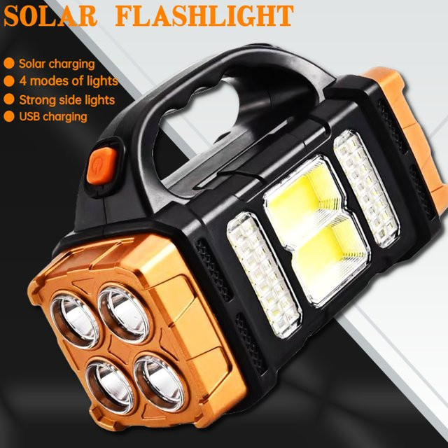 Heinast Solar-LED-Taschenlampe mit COB-Licht, schwarz, USB-wiederaufladbar und wasserdicht für Camping und Wandern - Bild 1