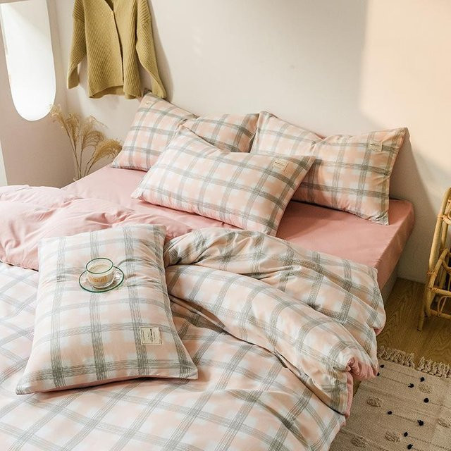 Bin Chi Textiles Bettwäsche-Set im japanischen Stil mit Karomuster, Pink, 4-teilig, B/H: 120 x 200 cm - Bild 1