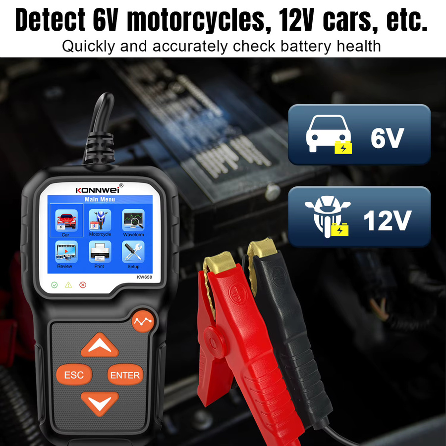 KONNWEI KW650 Batterietester für Auto und Motorrad, 6V 12V Batterieanalysator mit 100 bis 2000 CCA, Schwarz - Bild 3