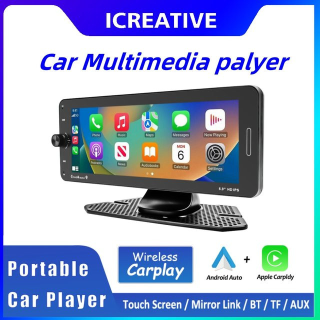 Icreative Tragbares Autoradio mit 6,9 Zoll HD IP-Display, Drahtloses CarPlay, Bluetooth, Wi-Fi und Mirror Link, Schwarz - Bild 1