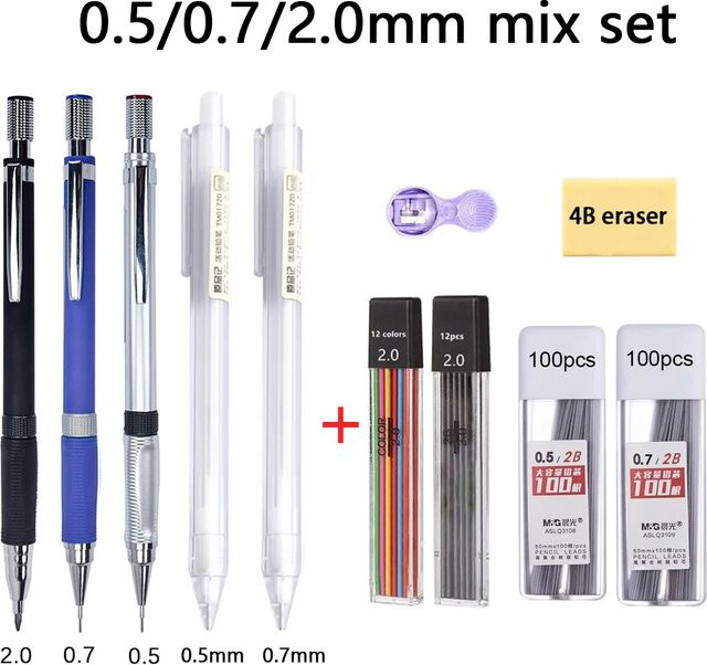 Haile Druckbleistift-Set mit Nachfüllminen und Radiergummi in 0,5 mm, 0,7 mm und 2,0 mm für Zeichnungen und Skizzen in Graphit 2B - Bild 1