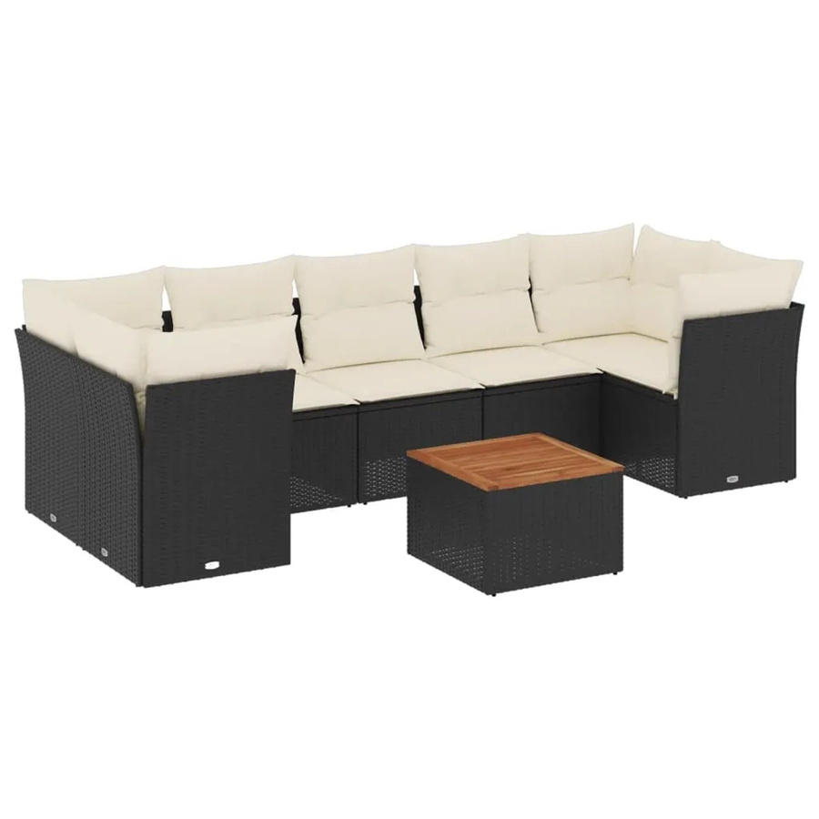 vidaXL 8-teilige Garten-Sofagarnitur in L-Form aus Poly-Rattan und Akazienholz mit Kissen in Schwarz und Cremeweiß - Bild 2