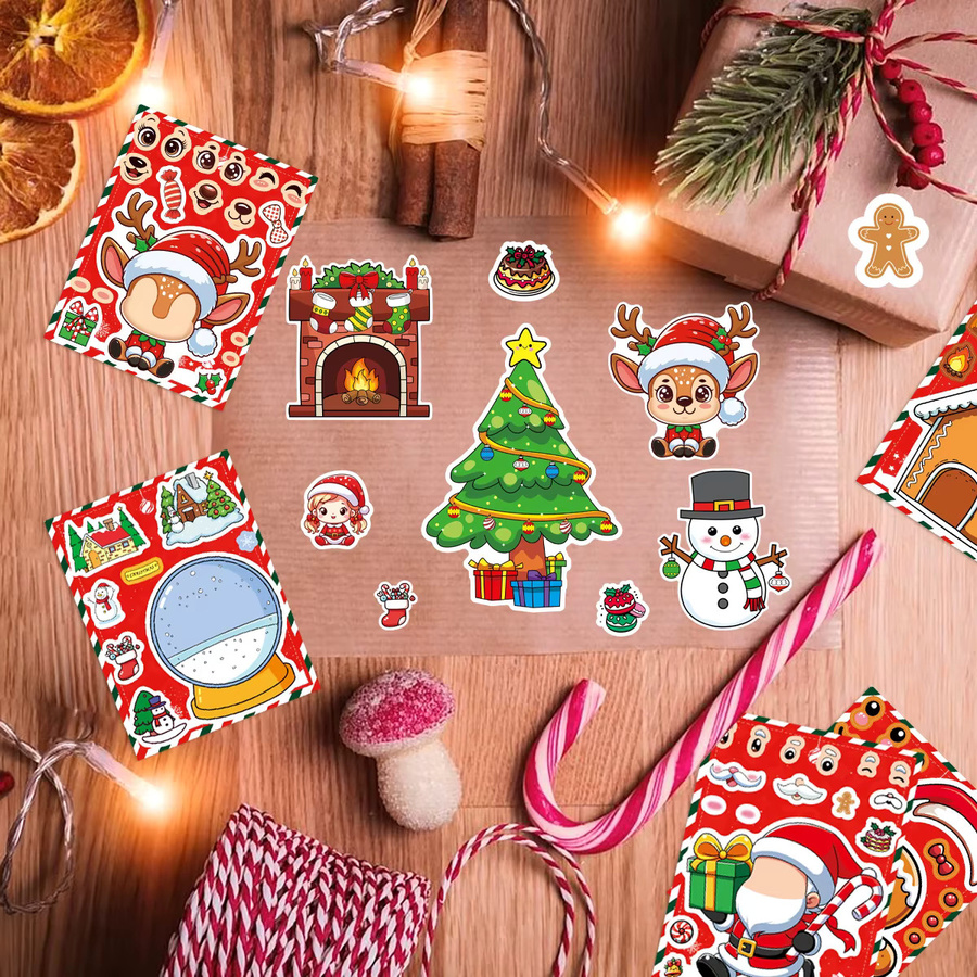 8 Blatt Niedliche Cartoon-Weihnachts-Puzzle-Aufkleber zum Basteln und Gesichter-Machen als Lernspielzeug in Mehrfarbig - Bild 2