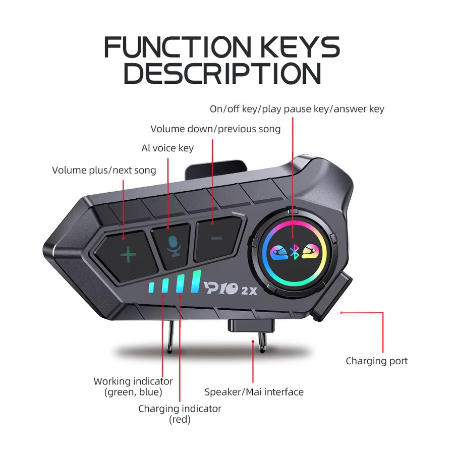 Kebidumei YP10 2X Kabelloses Bluetooth 5.3 Motorradhelm-Intercom-Headset in Schwarz mit 300 m Reichweite und wasserdichter In-Ear Lautsprecher-Kopfhörer - Bild 4