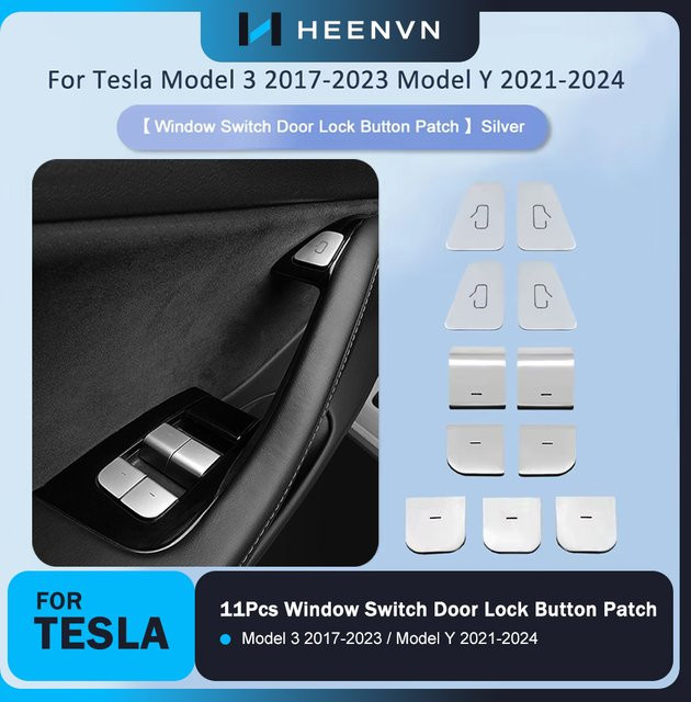 Heenvn 11-teiliges Set Fensterheberknopf und Türschloss-Schalter Abdeckung für Tesla Model 3 (2017-2023) und Model Y (2021-2024) in Silber - Bild 1