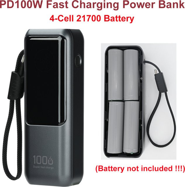 Aideepen DIY-Kit Hochleistungs-Powerbank mit 100 W PD Schnellladefunktion, 4-Zellen-21700-Batteriegehäuse mit USB-C und USB-Anschlüssen, Schwarz - Bild 1