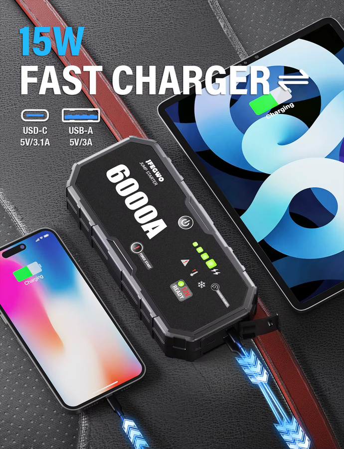 AdoreTrip Auto Starthilfe Powerbank 6000A 12V Batterie Booster für PKW und SUV in Schwarz - Bild 4