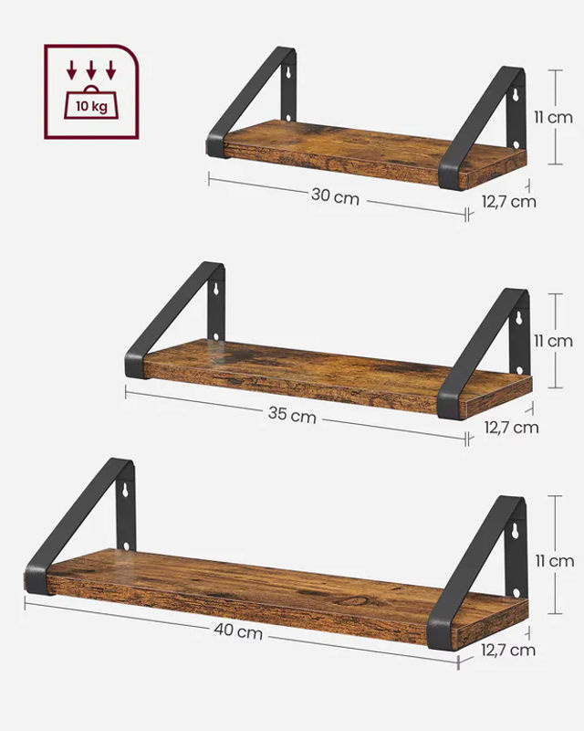 VASAGLE Wandregal im Industrie-Design, 3er Set Schweberegal in Braun mit Holzoptik und mattem Finish - Bild 5