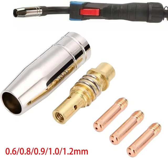 5er-Set MIG Schweißzubehör MB15 15AK bestehend aus Schutzdüsen und Kontaktspitzen in den Größen 0,6 mm, 0,8 mm, 0,9 mm, 1,0 mm und 1,2 mm, Farbe Silber - Bild 1