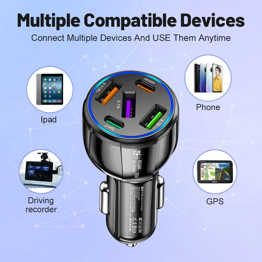75 W Auto Ladegerät mit 5 USB-Ports inklusive USB Typ C und PD Quick Charge 3.0 in Schwarz für iPhone, Samsung, Xiaomi und Huawei - Bild 4