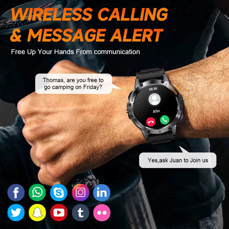 LIGE Outdoor Smartwatch für Herren mit 1,43 Zoll AMOLED HD Display, Bluetooth Anruffunktion, LED Beleuchtung und 530 mAh Akku in Schwarz - Bild 2