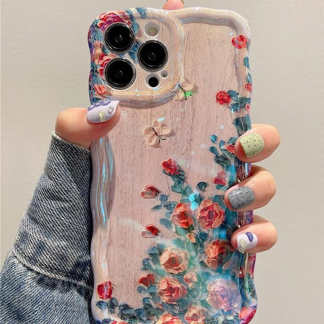 Rui Di Handyhülle mit Retro Ölgemälde Blumenmuster für iPhone 12 bis 16 Pro Max, stoßfeste Silikonhülle in Rot und Multicolour - Bild 1