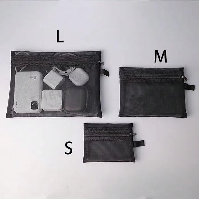 3-teiliges Set Netz-Aufbewahrungstaschen in Schwarz mit Reißverschluss und Griffen als tragbare Kosmetiktasche und Organizer für Reisen oder den Alltag - Bild 1
