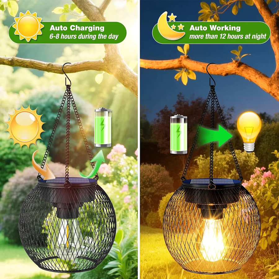 Amaryllis Solar-Laternen aus Metall in Schwarz mit warmweißem LED-Licht, Retro-Design mit Haken für Garten und Terrasse, IP65 wasserdicht - Bild 2