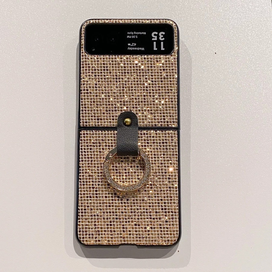 Luxuriöse Leder-Strass Telefonhülle mit Ring-Schnalle und goldenem Gittermuster für Motorola Moto Razr 40 und Moto Razr 40 Ultra in Gold - Bild 2