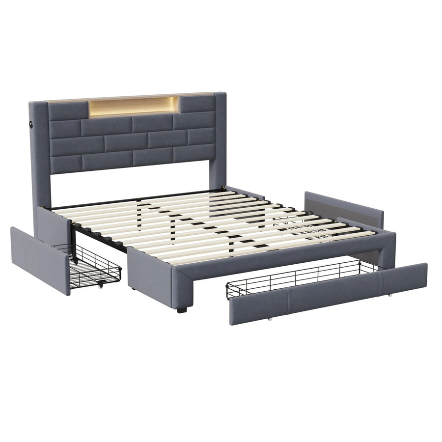 PXloue Doppelbett mit Schubladen, LED und USB-Ladefunktion aus Samt in Grau, B/T/H: 160 x 200 x 104 cm - Bild 2