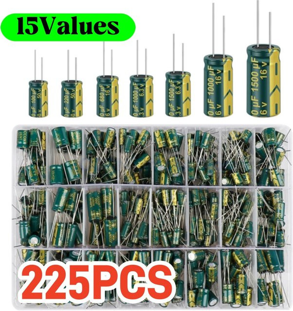 ALLOET 225-teiliges Aluminium-Elektrolytkondensator-Set mit 15 Werten, Hochfrequenz-Sortiment mit niedrigem ESR, multicolour - Bild 1