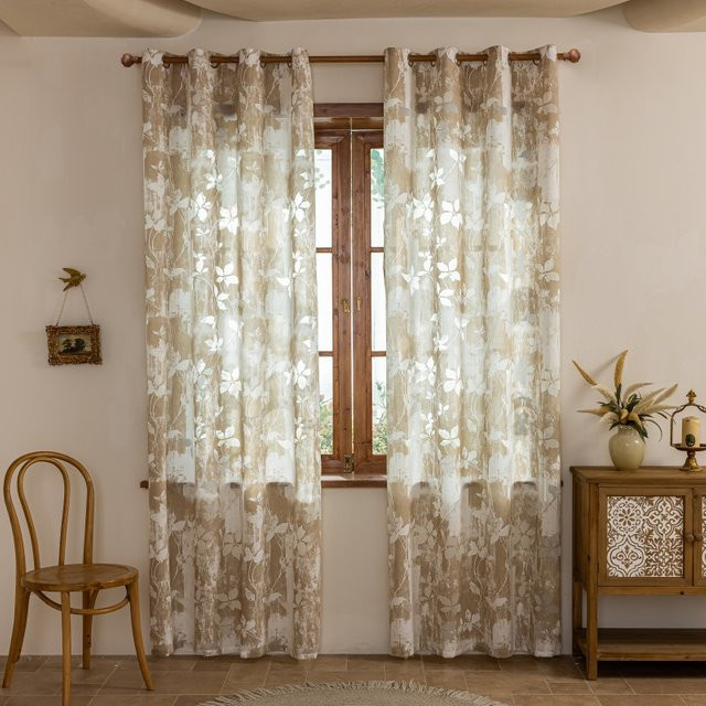 CENTURyMiG Vintage Fenstervorhang mit floralem Blattmuster in Weiß und Beige, halbtransparentes Stoffpanel mit Ösen, Breite: 100 cm, Höhe: 200 cm - Bild 1
