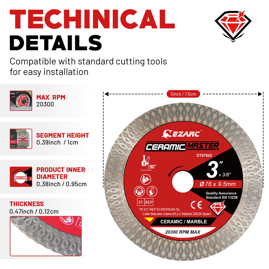 EZARC 3-Zoll Superdünne Diamantklinge für Kreissägen, Farbe: Silber, Durchmesser: 7,62 cm, ideal zum Schneiden von Porzellan, Keramik, Granit, Marmor und Fliesen - Bild 2