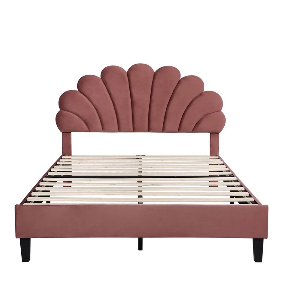 KOMHTOM Doppelbett mit gepolstertem Kopfteil in Blumenform aus Samt, Bohnenrot, B/T/H: 140 x 200 x 110,5 cm - Bild 2