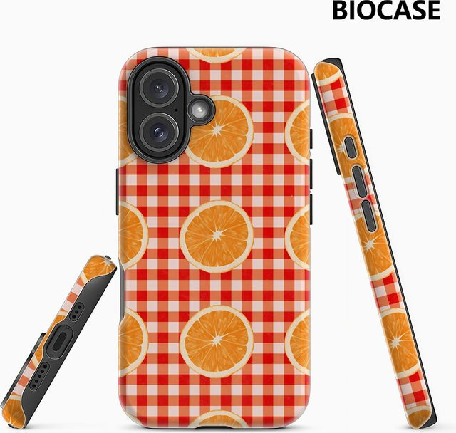 Handyhülle mit orangefarbenen Scheiben auf rot kariertem Muster für Apple iPhone 17 16 15 14 13 12 Pro Max Plus mit doppelschichtiger Rückseite - Bild 1