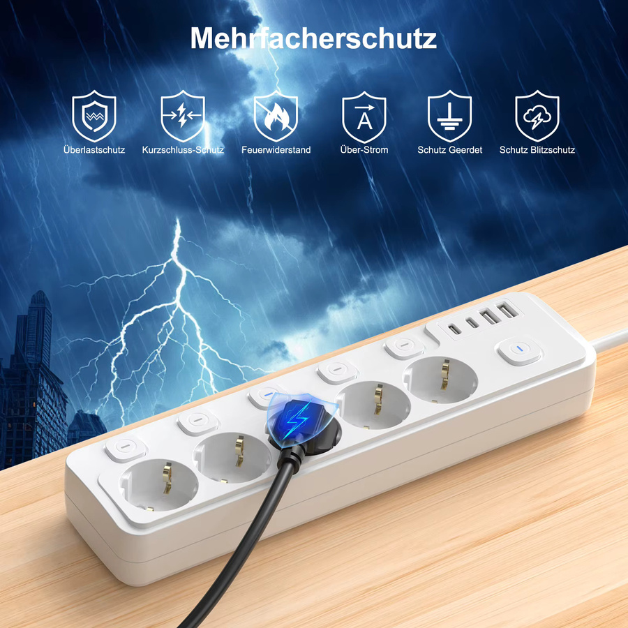 HITRENDS EU-Steckdosenleiste in Weiß mit 5 AC-Steckdosen, 2 USB-A und 2 USB-C Anschlüssen sowie Einzelschalter und 2 m Kabel - Bild 3