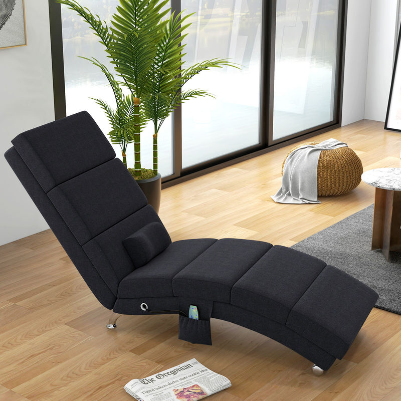 HOMCOM Relaxliege mit 5 Massagemodi und Heizfunktion, klappbarer Loungesessel in Leinenoptik mit Lendenkissen und Seitentasche, Schwarz - Bild 2